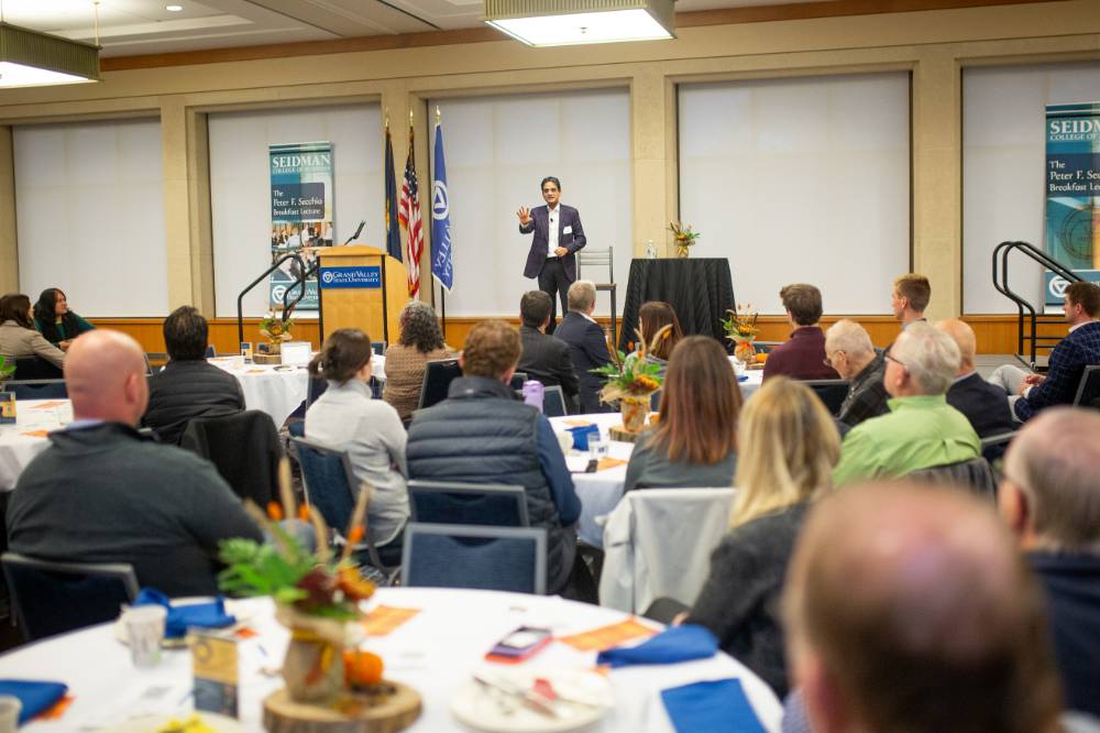 Milind Pant shares his 7 Leadership Learnings to a crowded room at the Secchia Breakfast Lecture